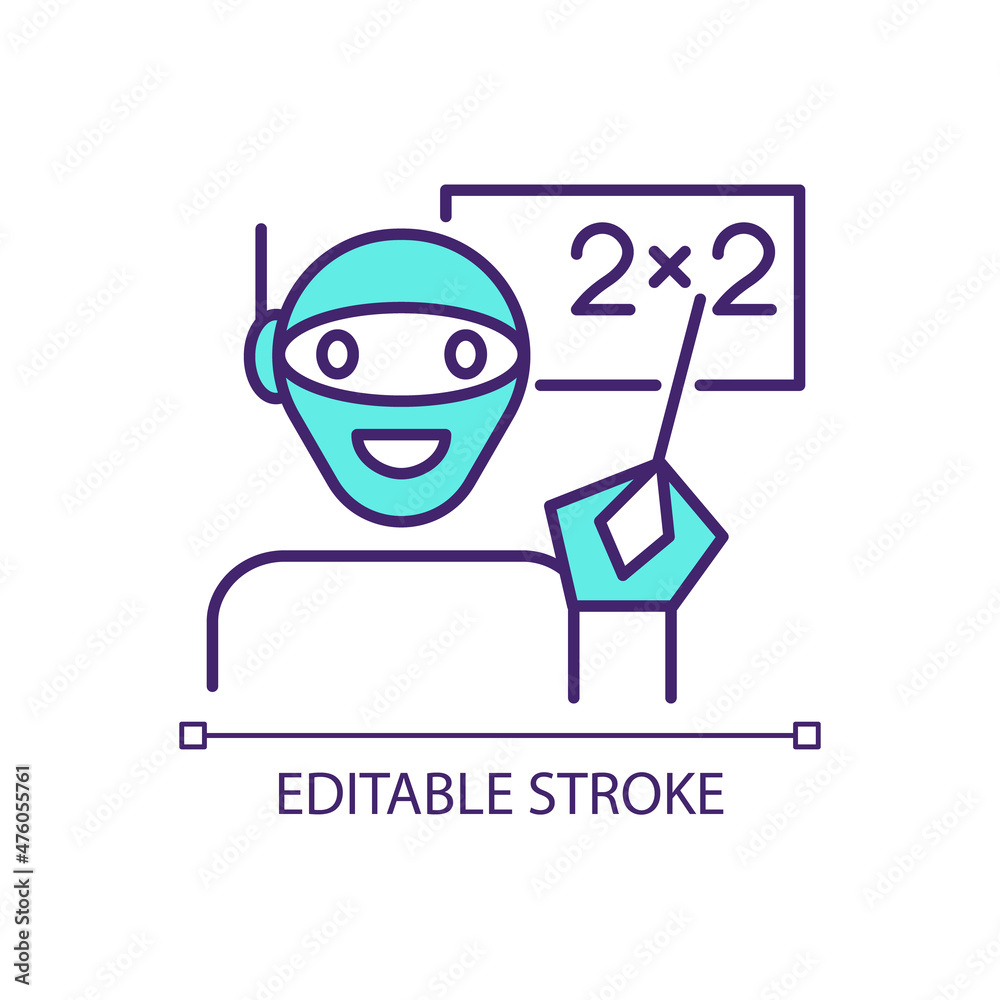 Naklejka premium Robot tutor RGB color icon. Education automation. Math teacher. School lesson automatic teaching. Isolated vector illustration. Simple filled line drawing. Editable stroke. Arial font used