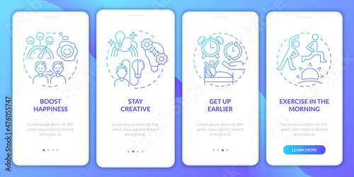 Living balanced life blue gradient onboarding mobile app screen. Selfcare walkthrough 4 steps graphic instructions pages with linear concepts. UI, UX, GUI template. Myriad Pro-Bold, Regular fonts used