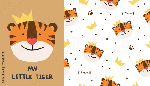 Card and colorful seamless vector pattern with muzzles of animals