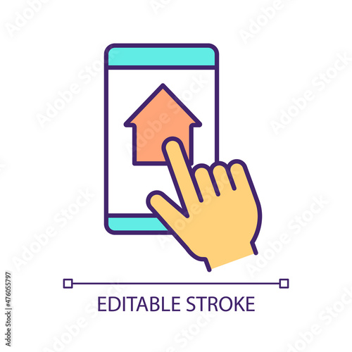 Upload to internet RGB color icon. Mobile application. Touchscreen. Hightech technology. Dialing. Isolated vector illustration. Simple filled line drawing. Editable stroke. Arial font used