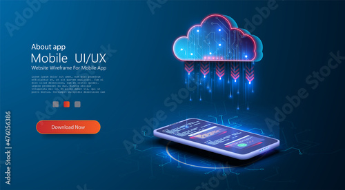 Blue glowing global data information exchange available. Data protected exchange on phone or mobile device and online storage. Digital technology background. Big data center, future infrastructure.