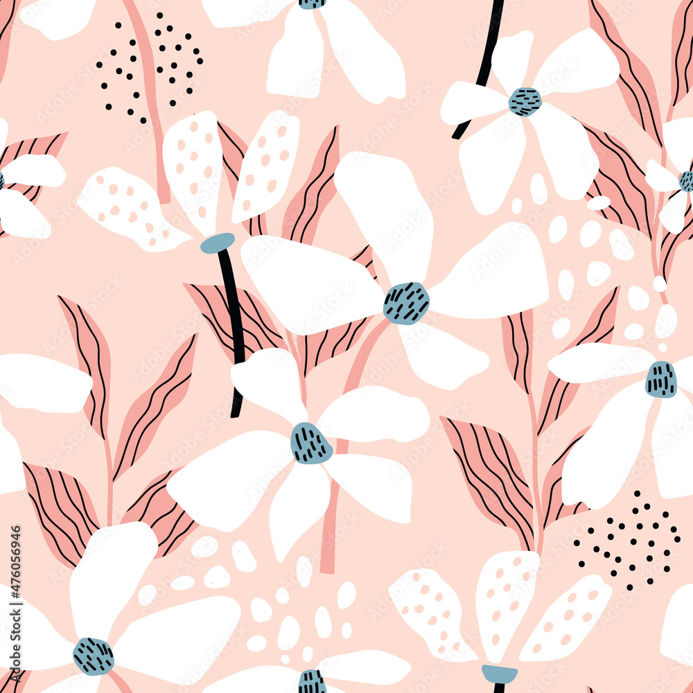 Seamless floral pink pattern with leaves and exotic flowers. Jungle summer background. Perfect for fabric design, wallpaper, apparel. Vector illustration