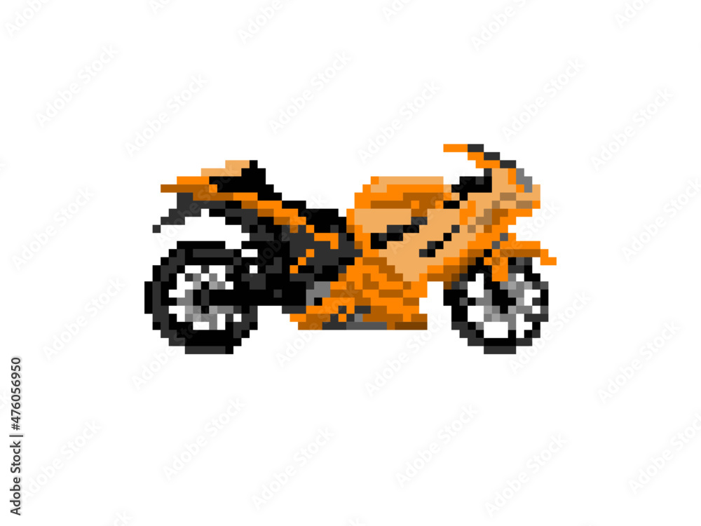 Illustration of orange sport motorcycle in pixel art style