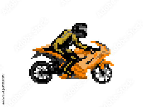 Illustration of a biker on an orange sport motorcycle in pixel art style