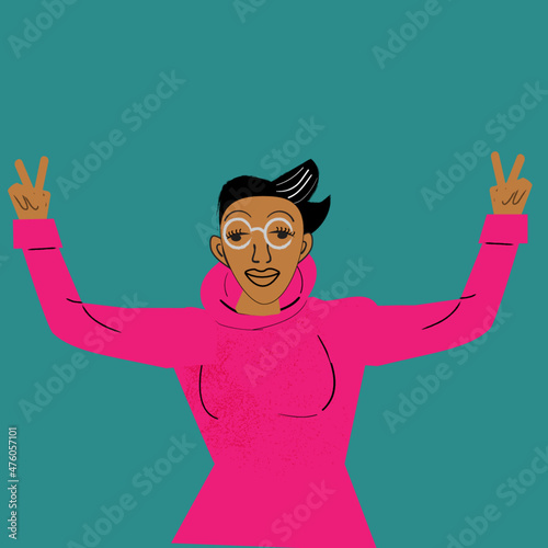 Gay woman holding up the piece sign with both hands