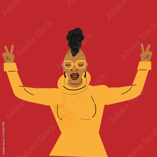 Gay woman holding up the piece sign with both hands