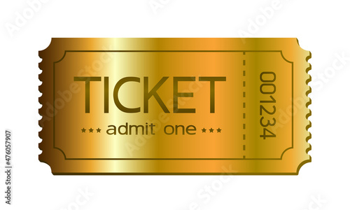 3d golden tickets. Three-dimensional golden ticket with stars and the inscription "Admit one". Vector clipart.