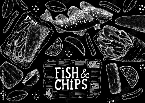 Fish and chips sketch vector illustration. British pub food. Hand drawn sketch. Cooking fish and chips. Engraved hand drawn vintage image. Menu design template.