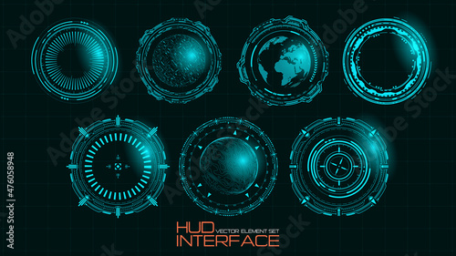 Vector tech background. Futuristic HUD style user interface. Modern digital information screen layout template. Planet Earth, holographic spheres, game navigation systems. UI elements and info fields.