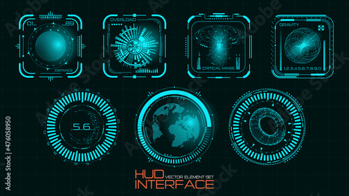 Vector. Tech background. Futuristic HUD style user interface. Modern digital information screen. Planet Earth, holographic spheres, game navigation systems. Detailed HUD, UI elements and info fields.