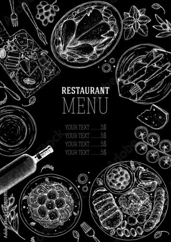 Food top view. Sketch illustration. Hand drawn. Food menu design template. Hand drawn sketch vector illustration.