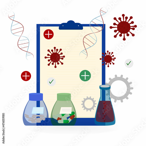 medical studies of virus dna and the invention of pills for immunity and health. Flat vector illustration of the healthcare concept