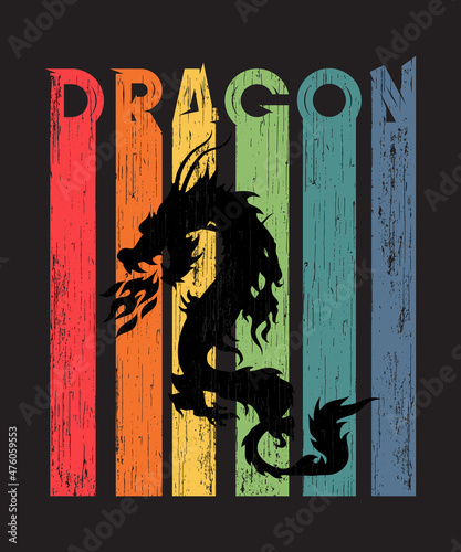 Dragon silhouette graphics on colorful vintage background. Vintage Graphic design for apparel, clothes. Vector illustration.