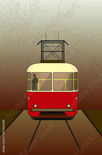 Vector illustration of retro tram on the street in tcartoon design. eps 10. vintage icon of classic style.urban transport background in warm colors