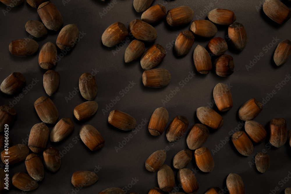 Obraz premium Top View of Hazelnuts Freely Scattered on a Black-Gray Grunge Background. Healthy Vegie Food in Natural Evening Light.