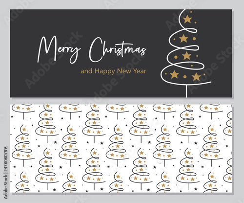 Merry Christmas and Happy New Year greeting card, banner template. Christmas tree with lettering. Background with christmas tree pattern. Winter holiday decor.