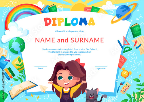 Colorful school and preschool diploma certificate for kids and children in kindergarten or primary grades with school pack, kit and cute happy pupil and cat. Vector cartoon flat illustration