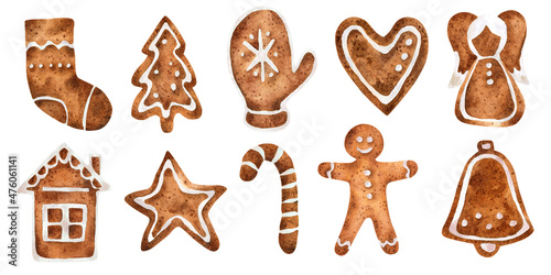 Set of Christmas gingerbread. Watercolor collection isolated on white background.