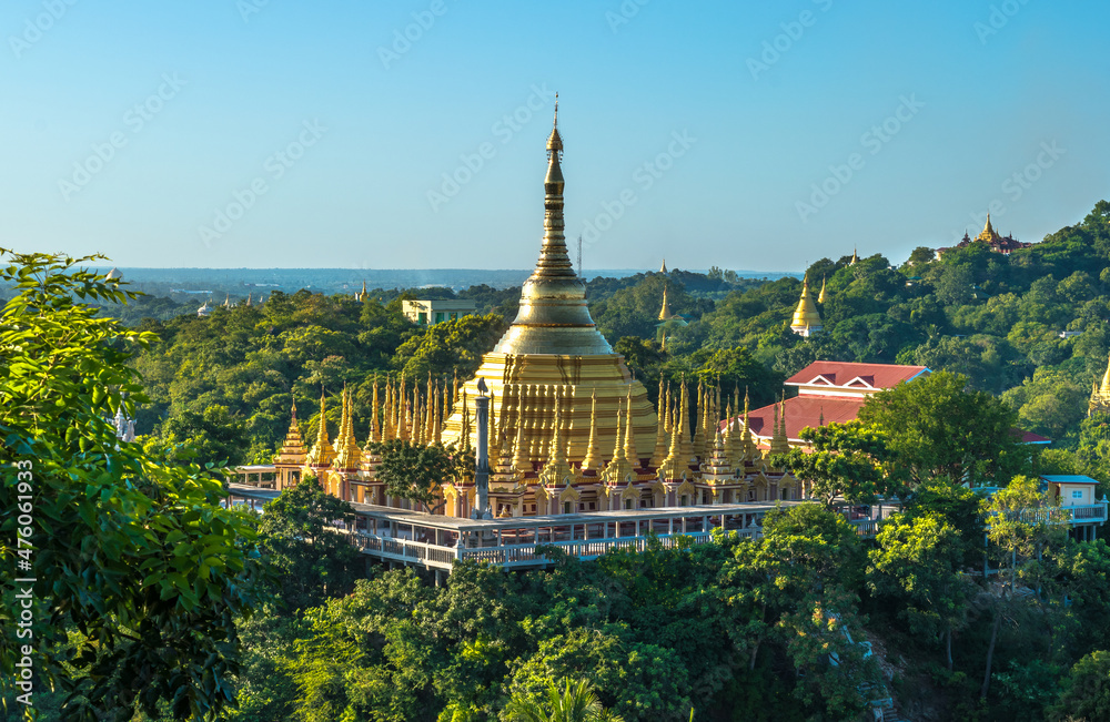 Sagaing, Myanmar - view of a buddhist temple at Sagaing hill from U Min Thonze Pagoda