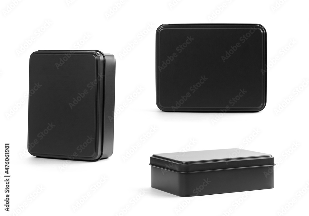 A black metal box. Seth from different sides. Close up. Isolated on a white background A black metal box. Seth from different sides. Close up. Isolated on a white background