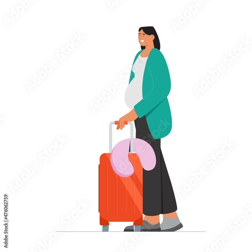 Pregnant woman with suitcase and travel pillow waiting for a flight and vacation. Flat vector illustration