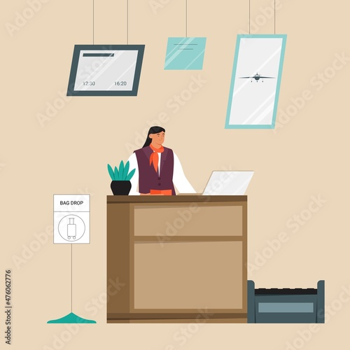 Baggage drop off counter at the airport terminal with aircraft worker, check in desk and flight registration. Flat vector illustration.
