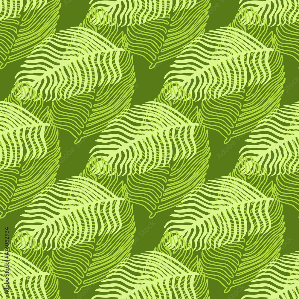 Abstract palm leaf seamless pattern with hand drawn foliage print. Simple Jungle background. Vector illustration for seasonal textile prints.