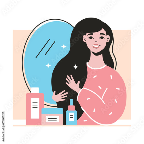 Young girl, woman beauty blogger. Hair and skin home care. Mask, shampoo, oil bottles. Vector illustration isolated on white background. Cute modern design.