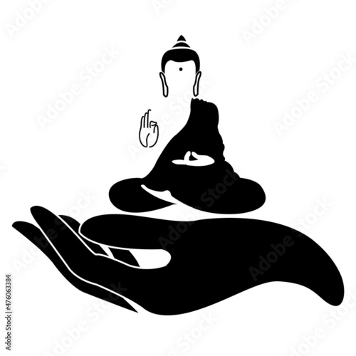 Lord Buddha in Lotus pose on hand. Symbol of buddha. Vesak day greeting background. Yoga, spirituality. Vector Buddha silhouette for spa logo