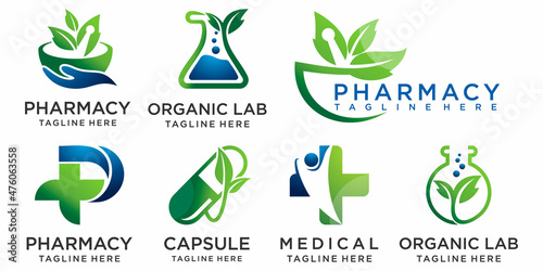 Creative Pharmacy and medical Concept icon set Logo Design with drag,leaf and tube
