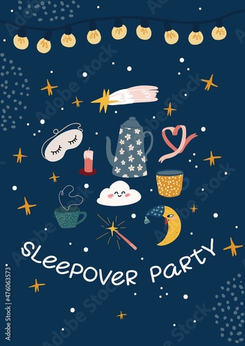 Sleepover pijama party invitation poster. Night birthday party for kids vector illustration