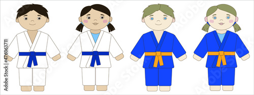 Boy and girl in kimono. Martial arts. Karate, judo. Children's sports.
