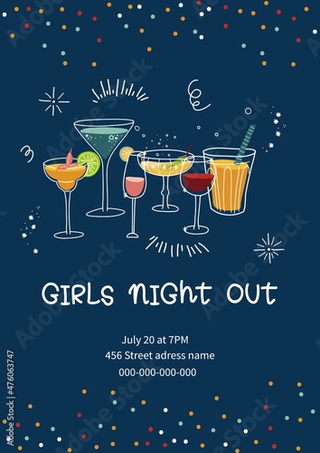 Girls night out invitation poster, club entertainment for women, bachelorette party event vector illustration