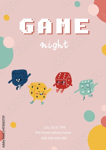 Game night party invitation, playroom activity for kids, board games entertainment vector illustration