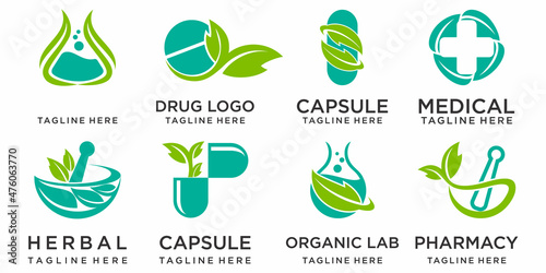 Pharmacy ,medical icons set Logo Template with Images of bottles, capsule and Leaves