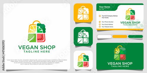 Vegetable shop combination of vegan and shopping bags premium logo templates