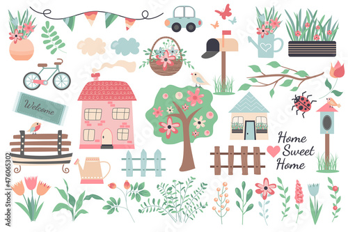 Sweet home collection in flat design. Cute houses, blooming trees, car, bicycle, wooden fences, flowers and bouquets, mailbox and others isolated elements set. Vector illustration. Hand drawn style.