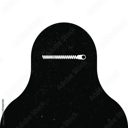 Not free woman of Afghanistan in hijab. Woman in taliban illustration. Zip instead of eyes