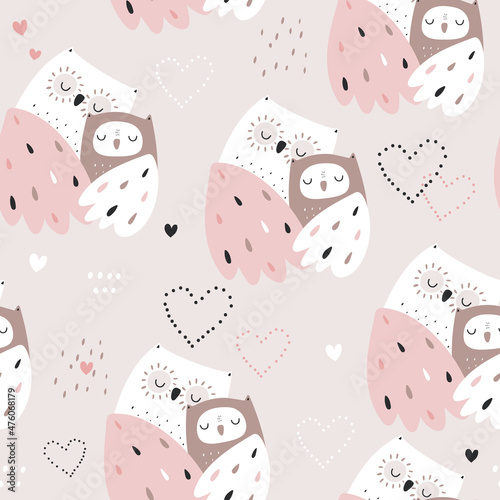 Seamless pattern with cute mom and baby owls. Childish owl birds pink background. Ideal for fabrics, textiles, apparel, wallpaper.