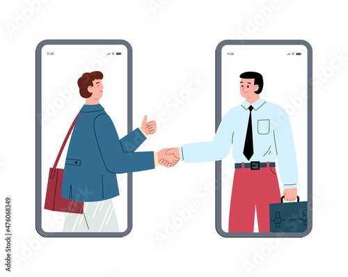 Online business deal and agreement conclusion flat vector illustration isolated.