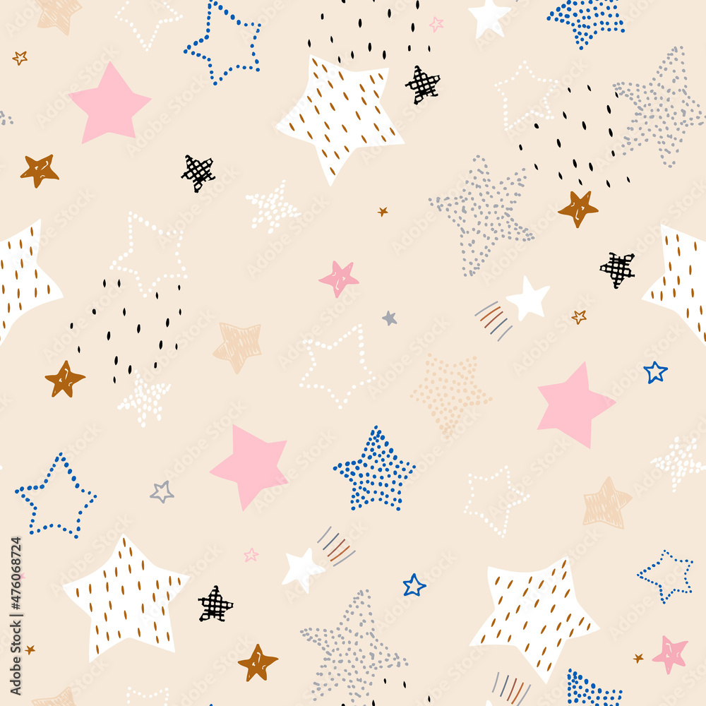 Seamless pattern with different hand drawn stars. Creative kids texture ...