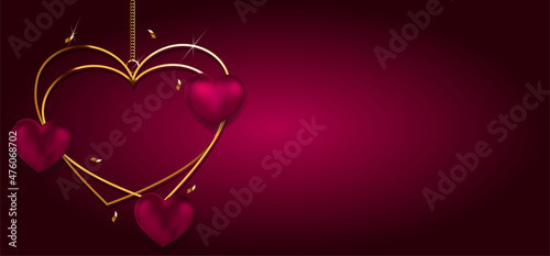 Vector. Happy Valentine's Day horizontal background, elegant background for February 14th. Banner with place for text. Golden heart and balloons 3d in the shape of a heart. Wedding illustration.