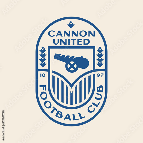 Graphic template of modern football logo for weapon gun production. Arsenal and cannon football logo.