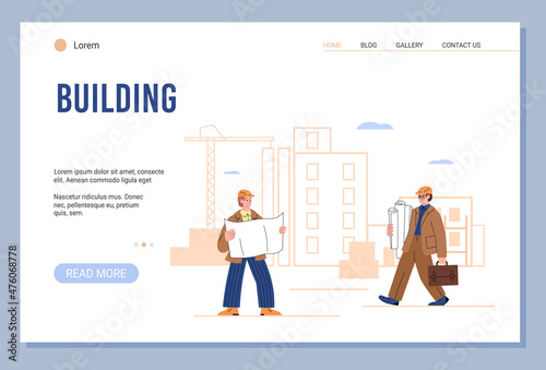 Building company website banner template flat cartoon vector illustration.