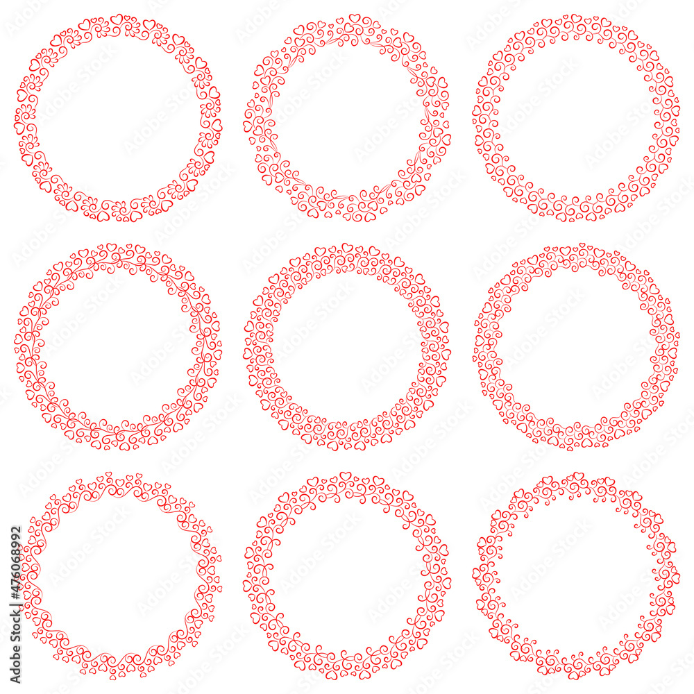 Vector set of round elegant love frames with red hearts for valentine's day Vector set of round elegant love frames with red hearts for valentine's day