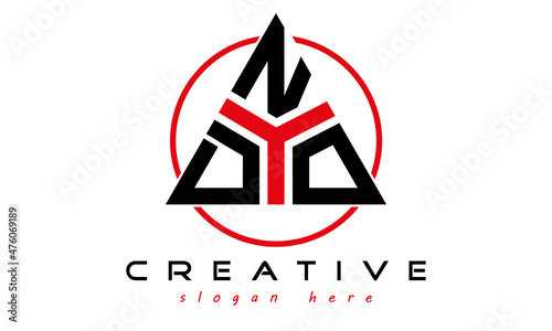 triangle badge with circle DNO letter logo design vector, business logo, icon shape logo, stylish logo template