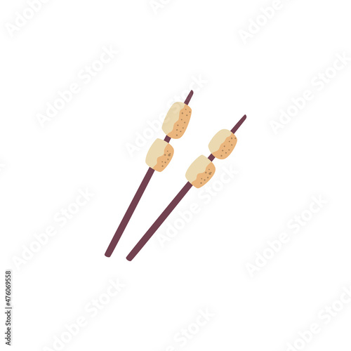 Campfire roasted marshmallow on wooden stick, flat vector illustration isolated on white background.