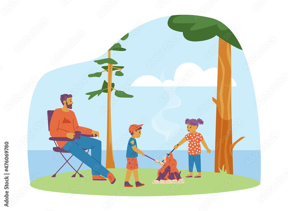 Obraz premium Father and kids spending vacation in forest, flat vector illustration isolated.