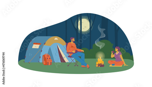 Camping ground with resting people flat vector illustration isolated on white.
