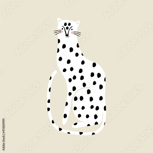 Hand drawn white gepard in with character. Wild Jungle animal print. Cartoon vector leopard illustration